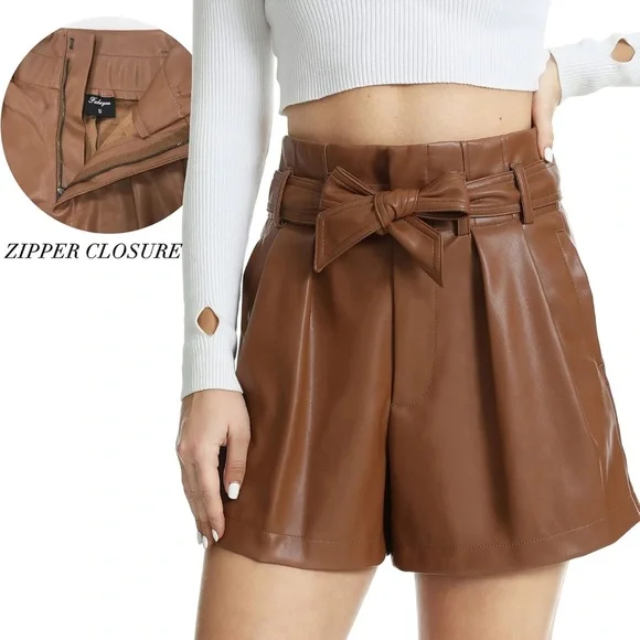 High Waist Brown Faux Leather Shorts - Picture 5 of 9